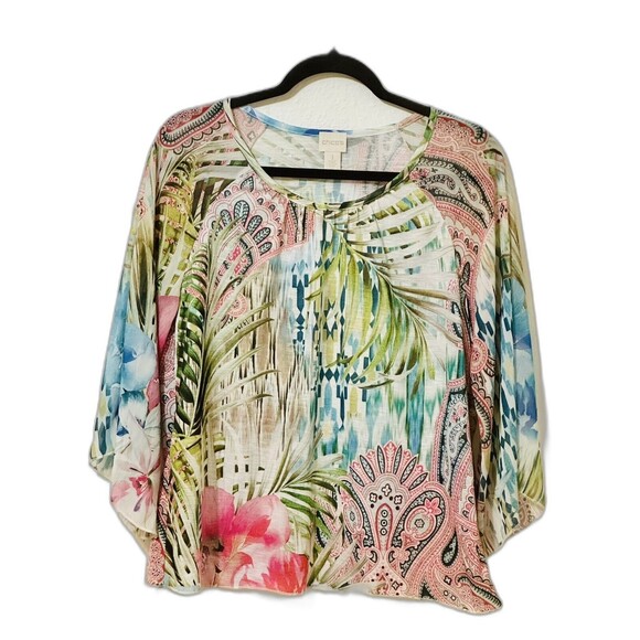 Chico's Women Size 1 US (M) Magnificent Florals Tropical Print Blouse Boho Beach - Picture 9 of 14